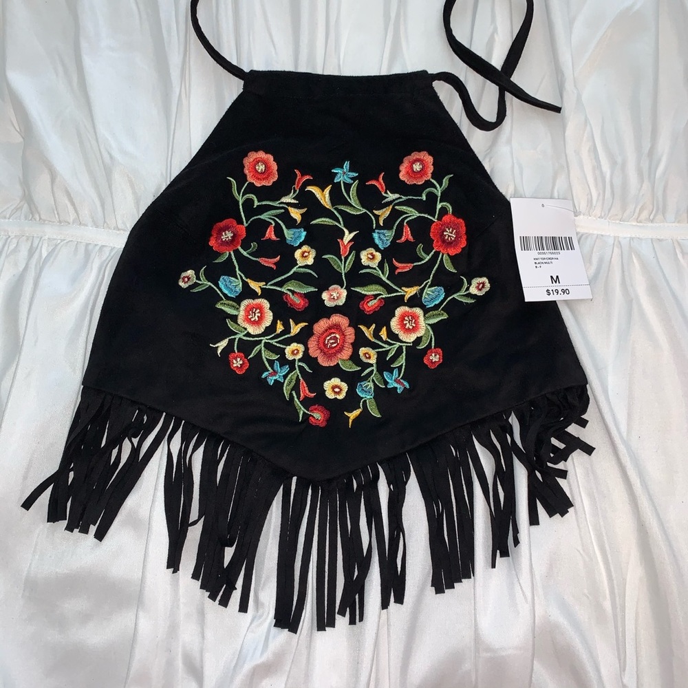 black fringe floral crop top NWT